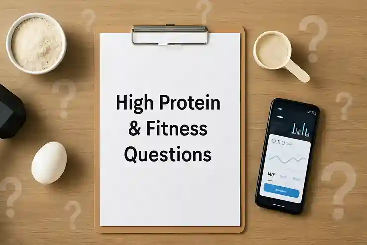 Clipboard on gym bench surrounded by powerful high protein foods that transform your body, including eggs and protein powder