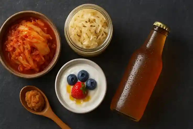 Top-down view of probiotic-rich foods for gut health, including kimchi, sauerkraut, yogurt with berries and honey, kombucha, and miso paste on a dark slate background.