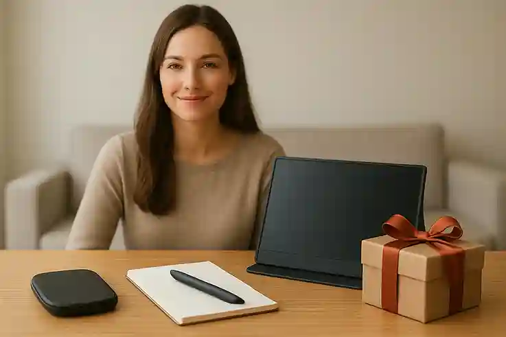 Productivity Gadgets as Perfect Tech Gifts for Men Wireless charger, smart pen, and portable monitor on a table with a gift box and a woman seated behind, showing productivity tech gifts for men.