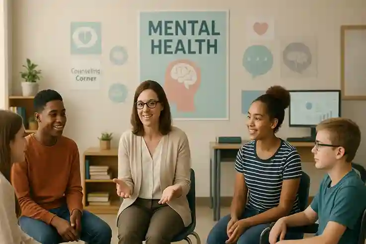 Students in a supportive U.S. classroom engage in open discussion with a teacher, surrounded by books, laptops, and mental health awareness posters, symbolizing the integration of academics and mental health in education.