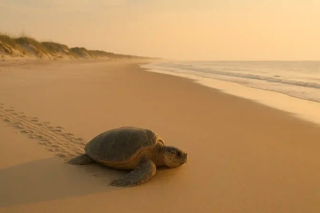 A mother sea turtle nesting on a quiet Cumberland Island beach at sunrise, with dunes and gentle waves in the background.
