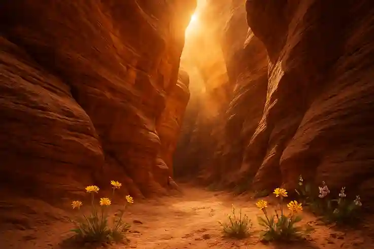 Wide-angle view inside a hidden sandstone canyon in Sedona, Arizona, with sunlight and spring wildflowers.