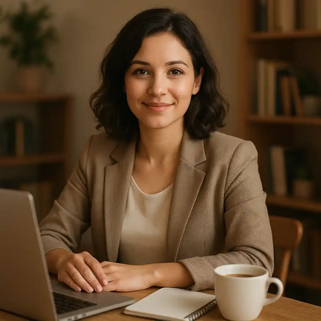A professional yet approachable portrait of Silvia Heart, a female blog author in her early 30s with shoulder-length wavy dark hair. She sits at a desk with a laptop, notebook, and coffee cup, framed by warm natural lighting, bookshelves, and plants that suggest creativity and intellect.