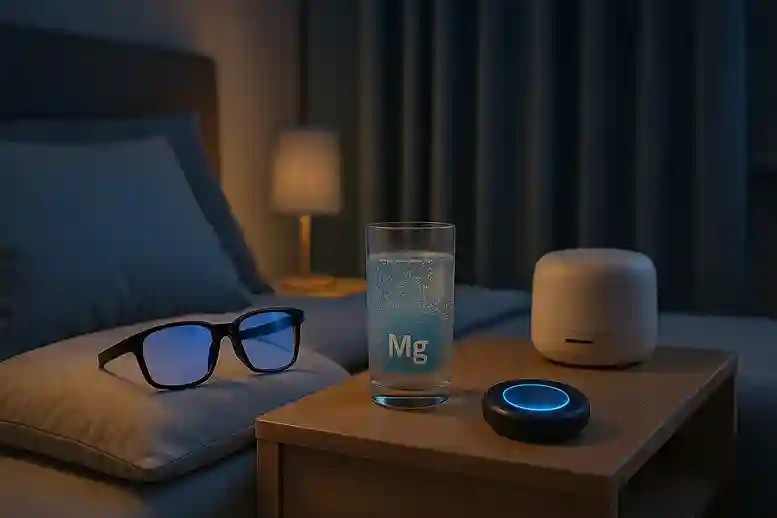 Modern minimalist bedroom with blue-light glasses, magnesium drink, blackout curtains, white noise machine, and a glowing sleep tracker at night