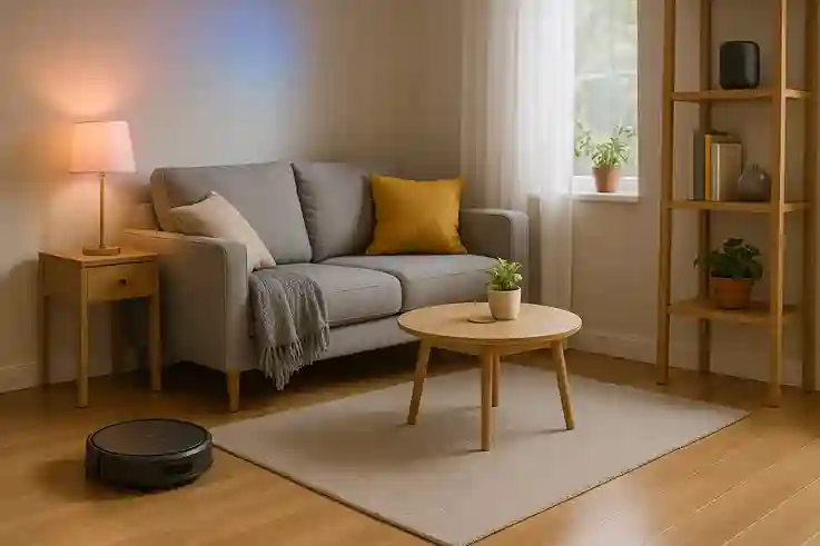 Smart Living Room with the Best Tech Gifts of the Year Modern living room with smart lights, a robot vacuum, and a smart speaker showcasing the best tech gifts in a cozy setting.