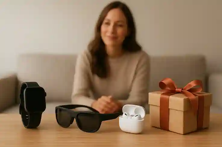 Smartwatches, AR Glasses, and Earbuds as Perfect Gifts A woman seated behind a table displaying a smartwatch, AR glasses, wireless earbuds, and a gift box.