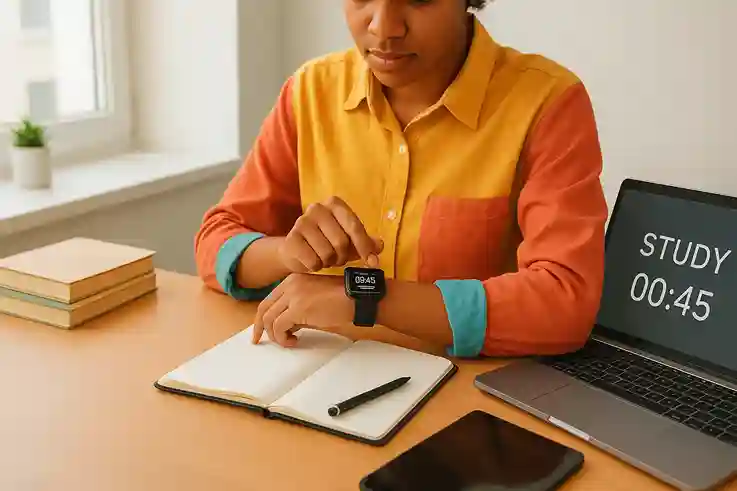 Smartwatches for Study Time Management A student checking a smartwatch, one of the best study gadgets, while managing study time at a desk with books and a laptop.