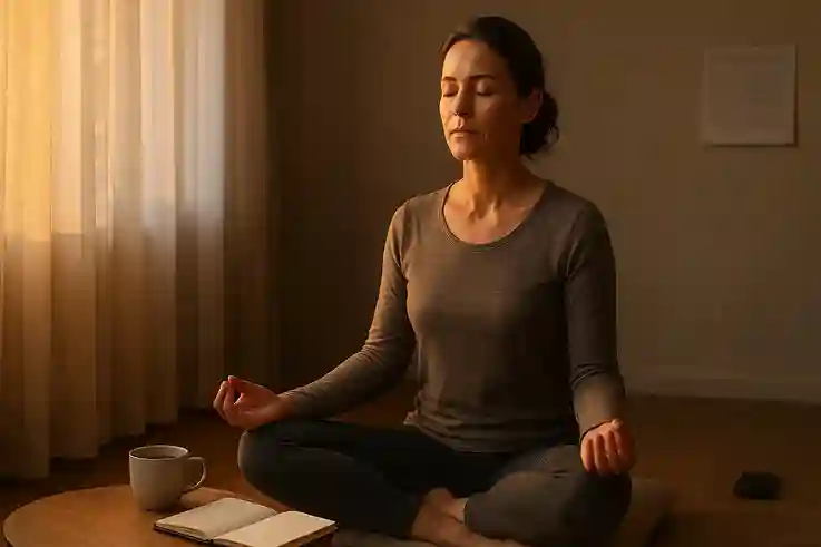 Spiritual Wellness in the Morning Light A serene early sunrise in a cozy corner, where a woman in her 40s sits cross-legged on a cushion by a large window. Soft golden light filters through sheer curtains as she meditates with eyes closed, radiating peace and spiritual wellness. A journal and cup of tea rest nearby on a wooden table, while blurred background details hint at a paused busy life.