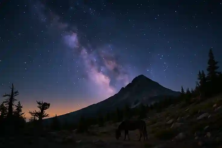 Milky Way arching over Wheeler Peak in Great Basin National Park, Nevada, with bristlecone pines in the foreground.