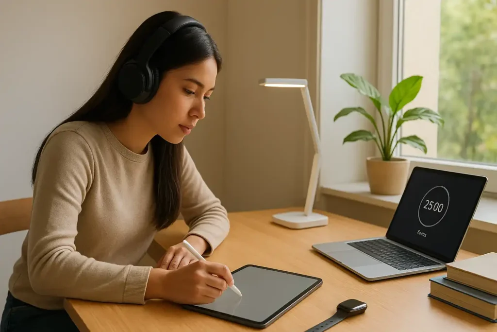 A college student using the best study gadgets, including headphones, a digital tablet, smartwatch, and smart desk lamp, in a bright study space.