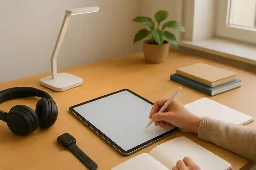 Student Using the Best Study Gadgets A student interacting with the best study gadgets, including a digital tablet, headphones, smartwatch, and smart desk lamp, to boost focus and productivity.