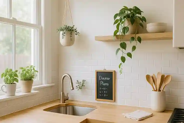 Stylish Small Kitchen with Fresh and Faux Greenery Accents_1 Small kitchen with potted herbs on a sunny windowsill, trailing pothos, and faux eucalyptus in a hanging planter.