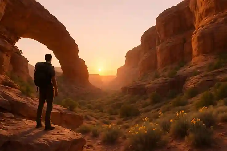 Sunrise over a hidden canyon with a traveler overlooking the landscape, capturing the beauty of hidden travel spots in the USA.