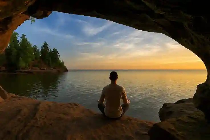 Sunset Meditation at the Apostle Islands A person meditates on a rocky ledge inside a sea cave at the Apostle Islands, gazing out at a serene sunset over Lake Superior.