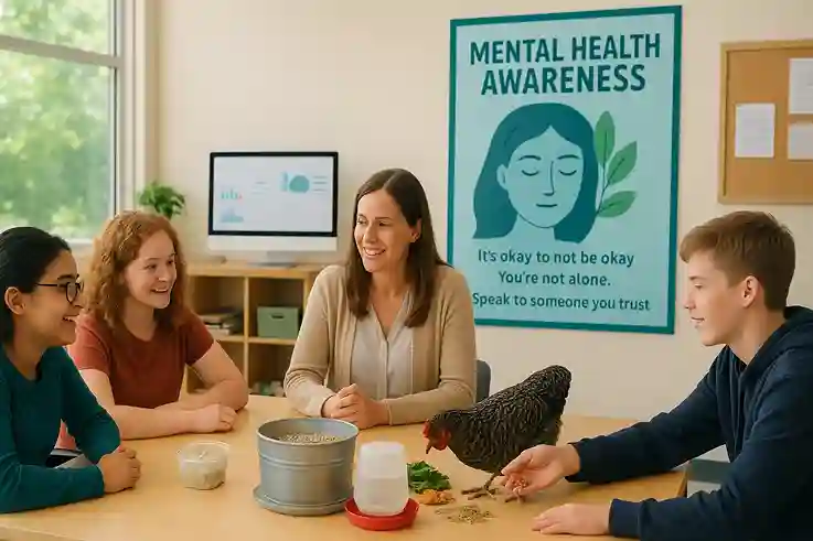 Modern U.S. high school classroom with diverse students and a teacher in relaxed discussion, a mental health awareness poster on the wall, and subtle AI data analysis tools in the background, promoting a balanced approach to academics and student well-being.