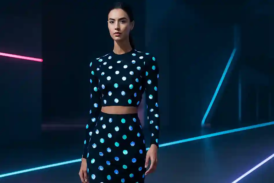 A futuristic fashion model wearing a sleek outfit with glowing polka dot patterns, standing under modern neon lights that symbolize innovation in style.