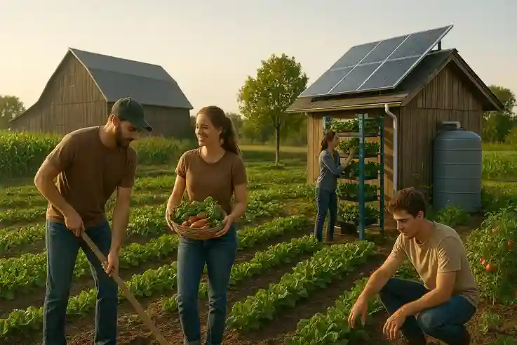 Young farmers innovating with Traditional Farming in the USA, blending heritage methods with sustainable modern practices.