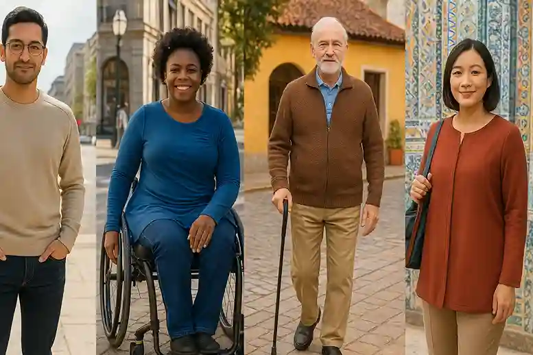 The Global Movement of Adaptive Fashion People of different ages, abilities, and ethnicities wearing adaptive clothing in diverse global settings, highlighting inclusivity and empowerment.