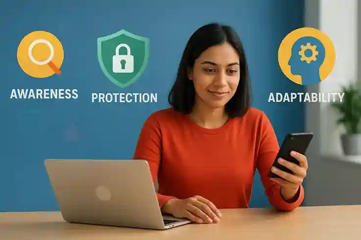 The Pillars of Digital Resilience Strengthen Your Online Safety Illustration showing the four pillars of digital resilience—awareness, protection, recovery, and adaptability—around a person using multiple devices safely.