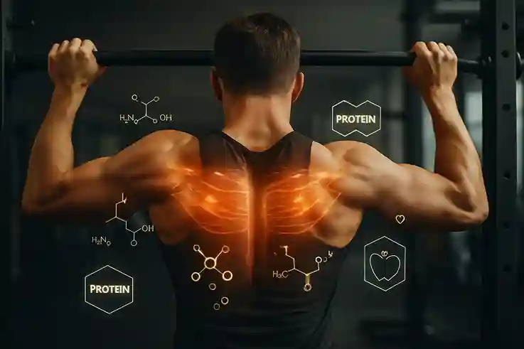 A muscular person mid-workout with glowing overlays of muscle fibers and protein molecules, symbolizing the impact of high protein foods on muscle recovery