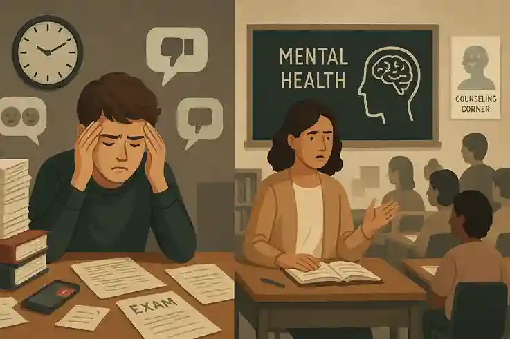 Split-scene illustration showing challenges to mental health in education, with a stressed student surrounded by homework and digital distractions on one side, and an overworked teacher in a crowded classroom on the other, highlighting pressure, stigma, and limited resources.