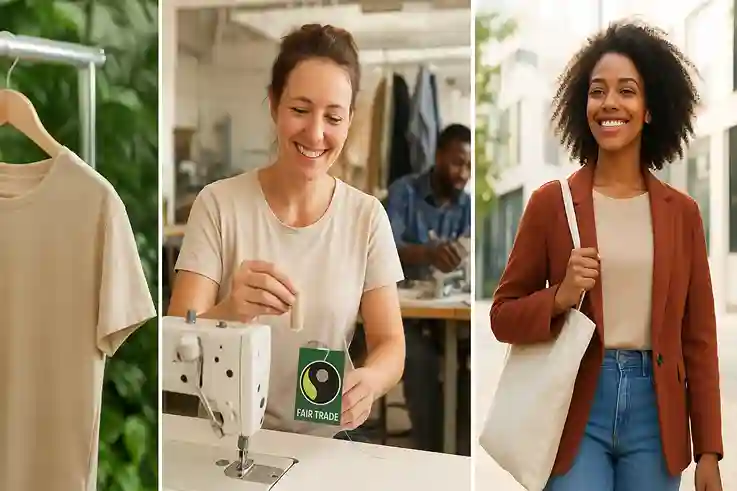 The Threefold Benefits of Ethical Fashion A split-scene realistic image of ethical fashion benefits: left side shows greenery, eco-friendly fabrics, and clean production practices; middle shows fair trade workers in safe, positive workplaces; right side shows a person confidently wearing stylish, durable clothing with reusable bags and versatile pieces, symbolizing slow fashion.