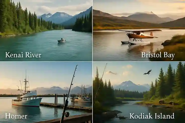 Top Alaska Fishing Trip Destinations Kenai to Kodiak Composite image showing top Alaska fishing trip destinations—Kenai River, Bristol Bay, Homer, and Kodiak Island—with location names labeled