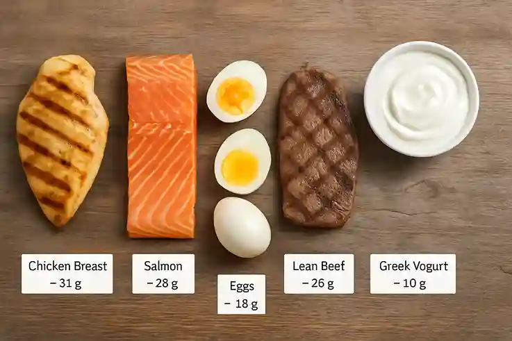 Flat-lay of animal-based high protein foods including chicken breast, salmon, beef steak, eggs, and Greek yogurt with labeled protein values
