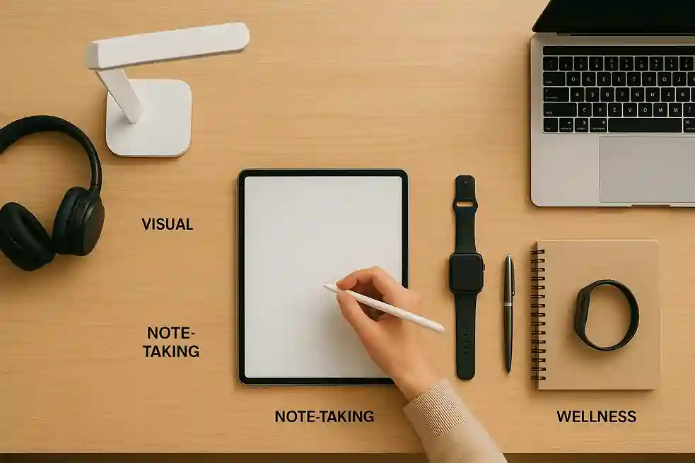 Top Categories of Best Study Gadgets Overhead view of the best study gadgets organized by category: headphones, smart desk lamp, digital tablet with stylus, smartwatch, and fitness tracker.