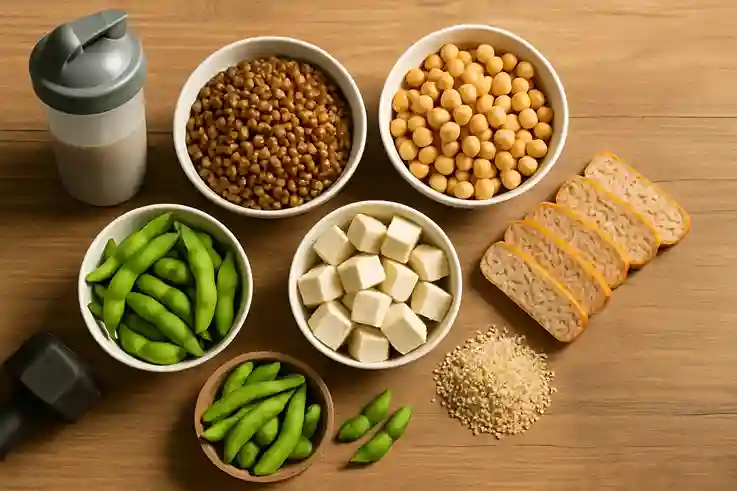 Flat-lay of high protein plant-based foods including lentils, chickpeas, tofu, tempeh, quinoa, and edamame arranged on a wooden table with fitness gear in the background.