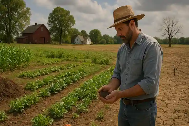 Traditional Farming in the USA showing healthy crops and community benefits alongside challenges like dry soil and water scarcity.