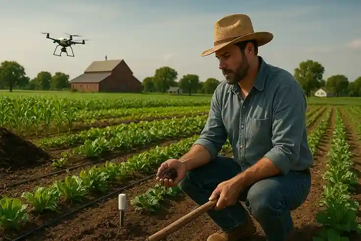 Traditional Farming methods combined with modern technology on a U.S. farm showing sustainable crop management.
