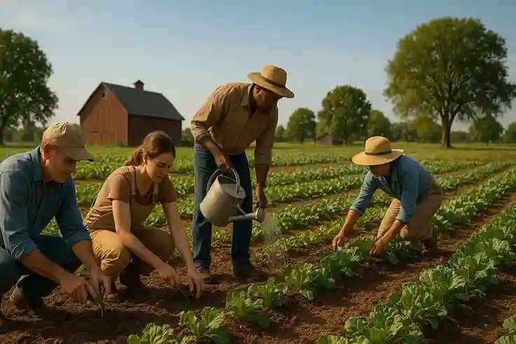 Traditional Farming in the USA showing several farmers planting and watering crops by hand near a barn and trees.