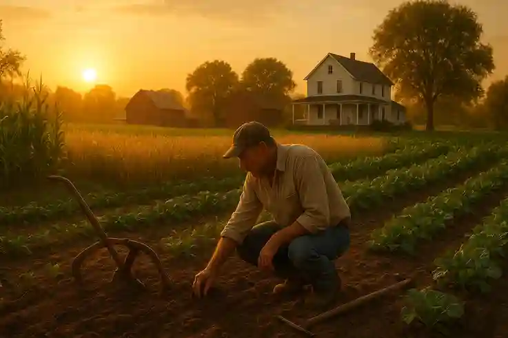Traditional Farming in the USA showing a farmer tending diverse crops near a classic farmhouse and barns at sunrise.