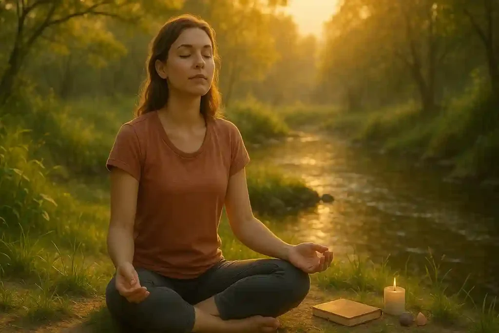Person meditating peacefully at sunrise in nature, surrounded by greenery and soft golden light, symbolizing spiritual wellness habits.