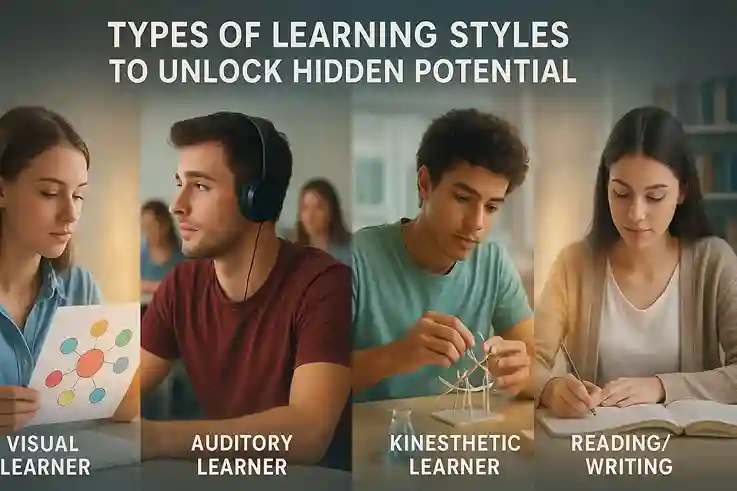Split-screen illustration showing different types of learning styles—visual, auditory, kinesthetic, and reading/writing—unlocking hidden potential.