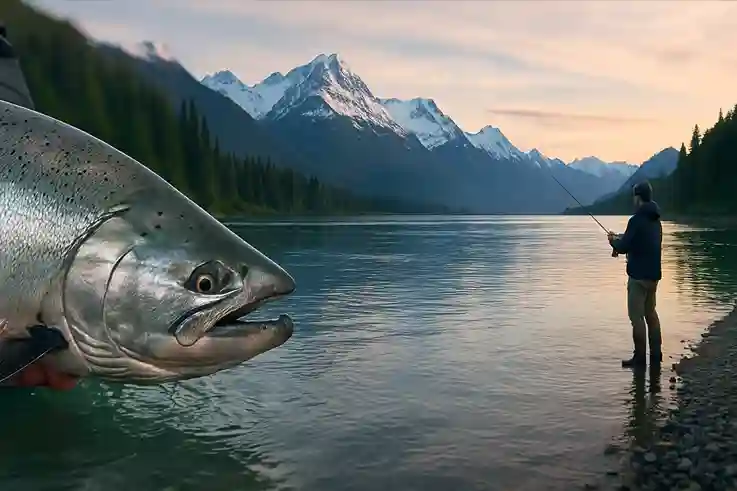Unforgettable Alaska Fishing Trips Salmon Scenery and Solitude Realistic image showing a close-up of a king salmon, a vast Alaskan river with snowcapped mountains, and a solitary angler casting at sunrise.