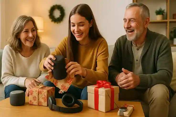 Teen girl unwrapping smart tech gifts like speakers, headphones, and smartwatches in a cozy living room with warm lighting.
