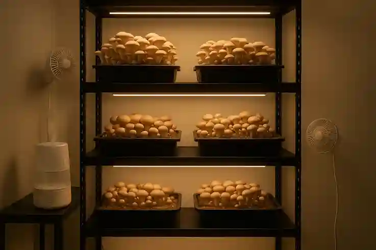 Vertical Mushroom Farming for Home Growers Indoor vertical mushroom farming setup with stacked shelves and growing mushrooms
