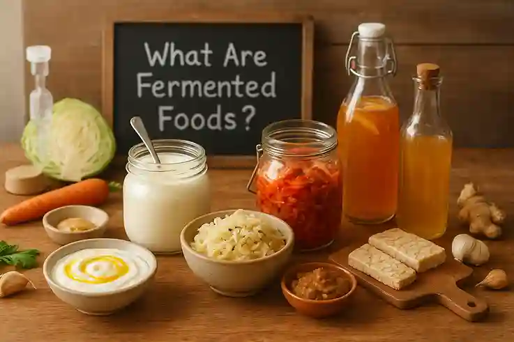 Assorted traditional fermented foods including yogurt, sauerkraut, kimchi, kombucha, and miso displayed on a wooden table with fresh vegetables, showcasing natural probiotics and gut-health benefits.