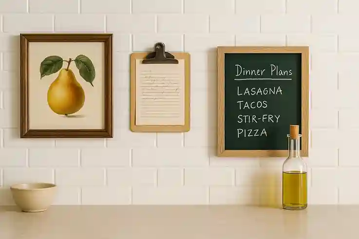 Wall Art and Accents Kitchen wall with framed pear art, handwritten recipe on clipboard, dinner menu chalkboard, and olive oil bottle on countertop.
