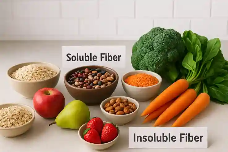 A colorful display of fiber rich foods including whole grains, legumes, fruits, and vegetables, showing both soluble and insoluble sources.