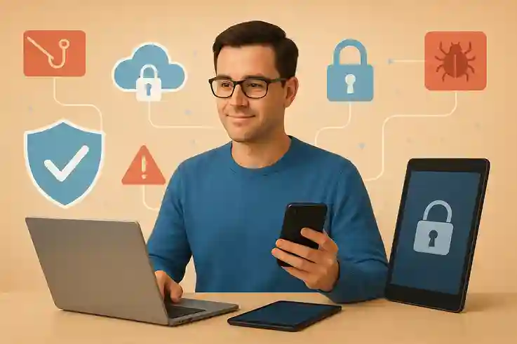 What Is Digital Resilience A Guide to Staying Secure Online Illustration of a person using multiple digital devices safely, representing digital resilience and online protection.