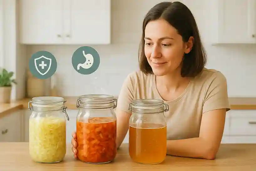 What Is Fermentation and Why It Matters – Best Foods to Ferment at Home Person looking at jars of sauerkraut, kimchi, and kombucha with bubbles, highlighting the science behind the best foods to ferment at home.
