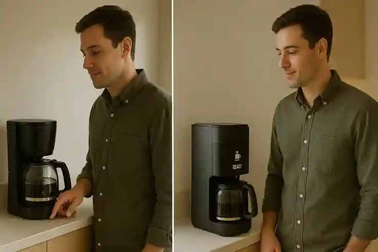 Comparison of a person using a regular device versus an AI gadget that works automatically.