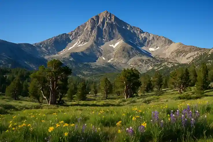 Wheeler Peak in Great Basin National Park rising above alpine meadows with wildflowers and bristlecone pines under a clear blue sky.