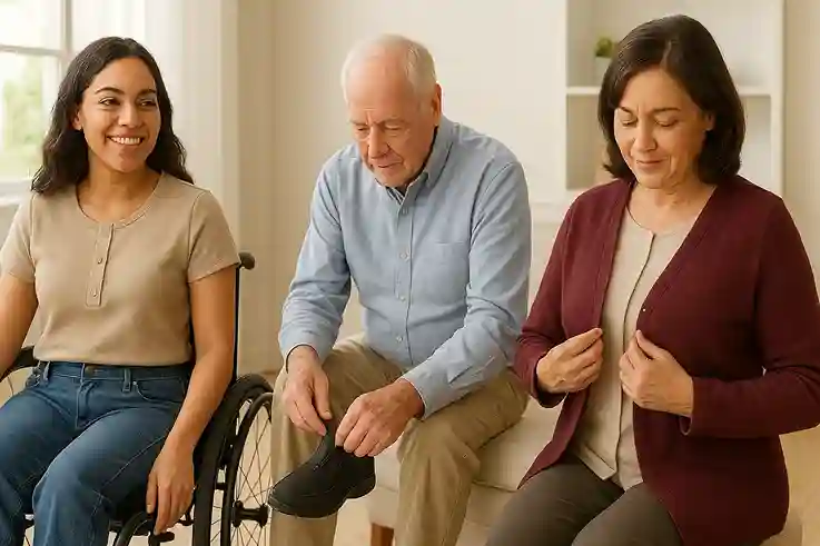 Who Benefits from Adaptive Fashion Diverse individuals using adaptive fashion, including a college student in a wheelchair and older adults, showcasing easy-closure clothing in a bright indoor setting.