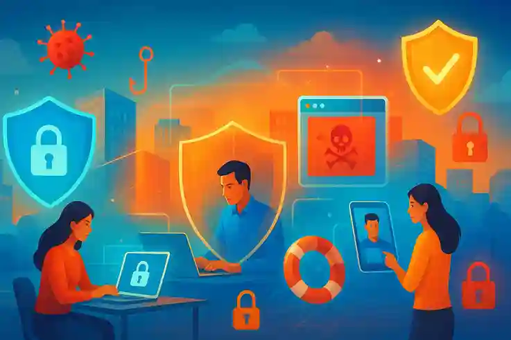 Why Digital Resilience Matters in Today’s Connected World Digital cityscape with people and devices protected by shields and locks, illustrating digital resilience against cyber threats