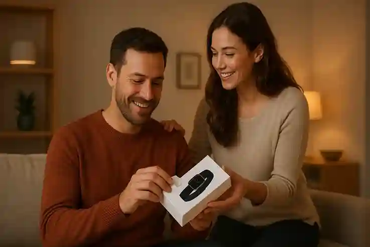 Wife Surprises Husband With Smart Tech Gift A wife gifting her husband a smartwatch in a modern living room, showing the joy of tech gifts for men.