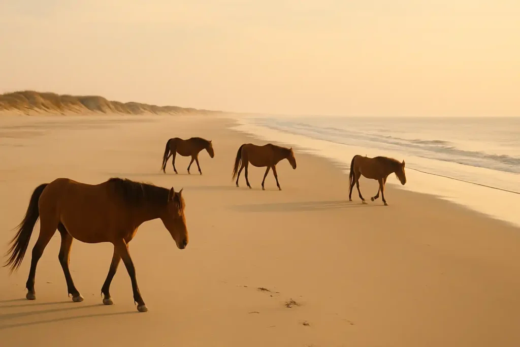 Wild horses roaming freely on Cumberland Island’s untouched beach under golden light with dunes and ocean in the distance.